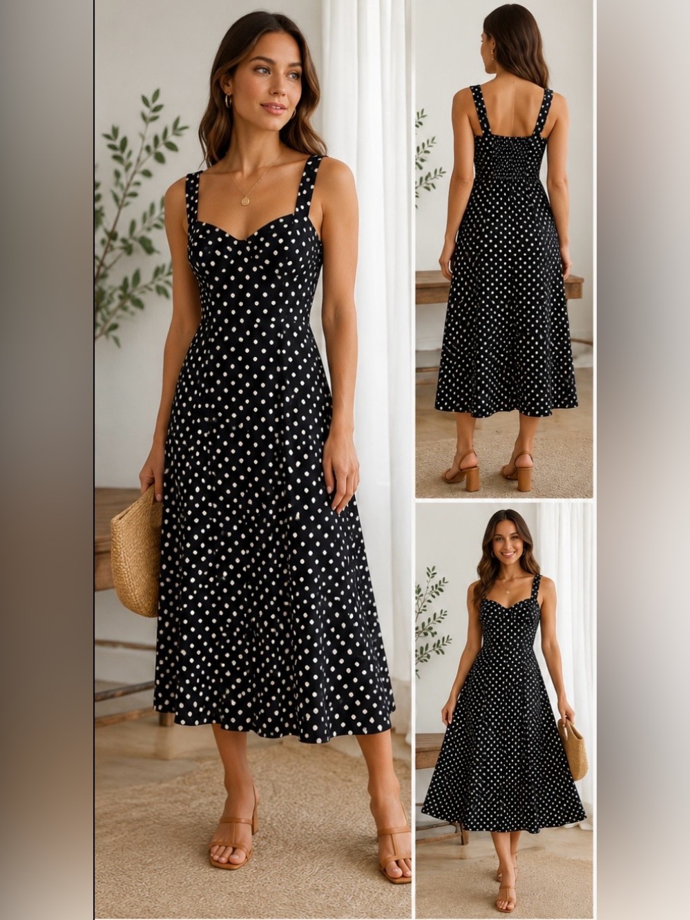 Rachel Zoe Classic Black Polka Dot Midi Dress - Sleeveless Sweetheart Neck